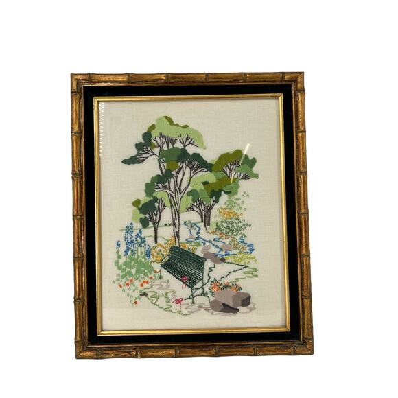 Vintage Crewel Needlepoint Gramercy Park Spinnerin Faux Bamboo Frame Finished